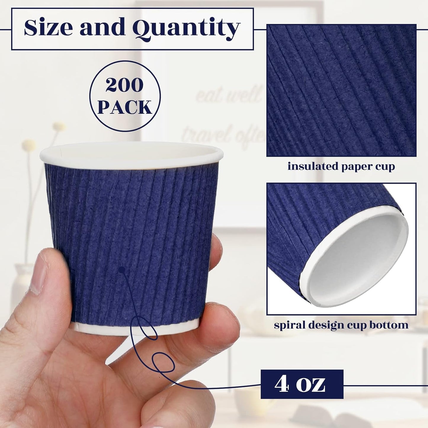 Yaomiao 200 x Disposable Espresso Cups, 4 oz, Corrugated Paper, Insulated, Heat Resistant, Blue, for Party, Cold Drinks, Tea