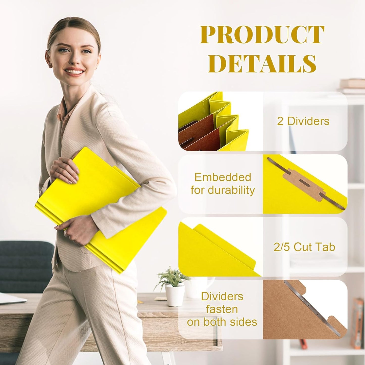 60 Pcs Classification Folders Letter Size, 2 Divider Pressboard File Folders with 3. 5 Inch Expansion, 2 Prongs Fastener, Heavy Duty Office File Organizers for Teachers, Medical (Yellow)