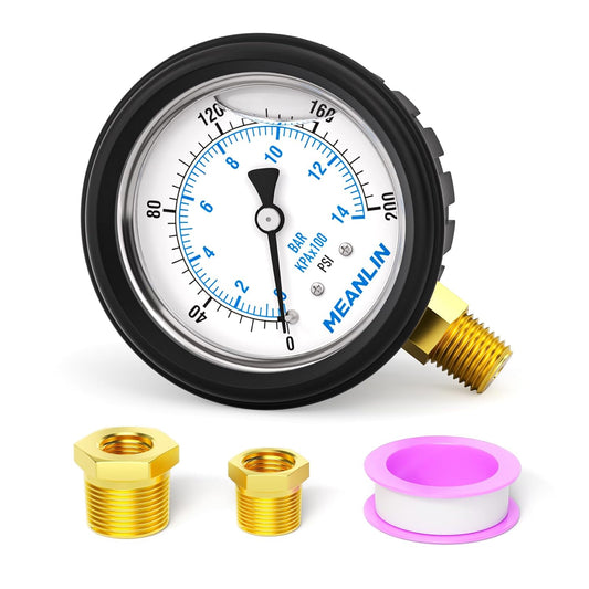 MEANLIN MEASURE 0~200Psi Stainless Steel 1/4" NPT 2.5" FACE DIAL Liquid Filled Pressure Gauge, Lower Mount (with Rubber Protective Sleeve), with 1/2" NPT and 3/8" NPT Hex Bushing