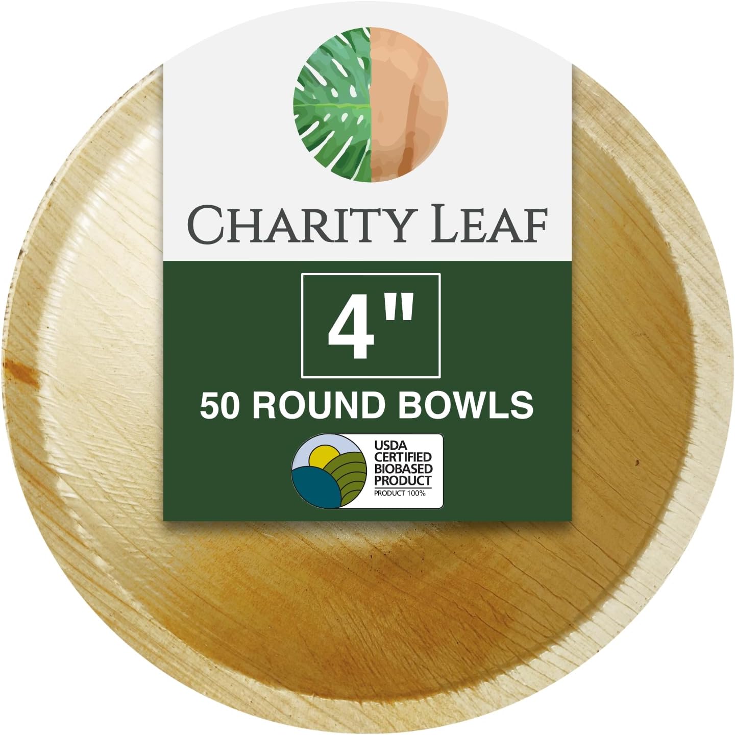 Charity Leaf Disposable Palm Leaf 4" Round Bowl (50 pcs) Dipping Bowls | Bamboo Like| All Natural and Biodegradable | Charcuterie Boards, BBQs, and Parties