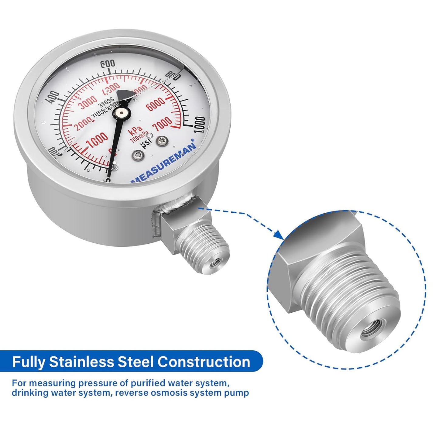 MEASUREMAN Pressure Gauge, 0-1000 PSI/kPa, Glycerin Filled, 1/4 NPT Lower Mount