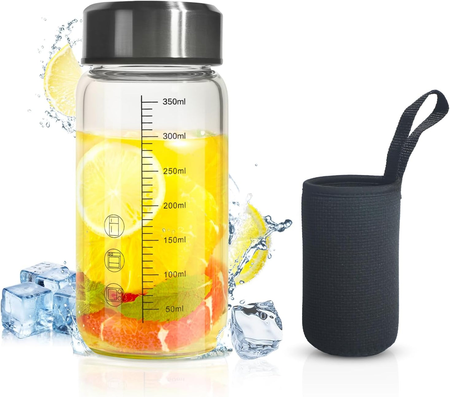 12Oz Glass Water Bottle with Lid and Sleeve,0.15in/3.8mm Thick Glass Shaker Bottles for Protein Mixes,Juicing,Smoothies, Infused Water,Beverage,Wide Mouth Small Reusable Coffee Bottle