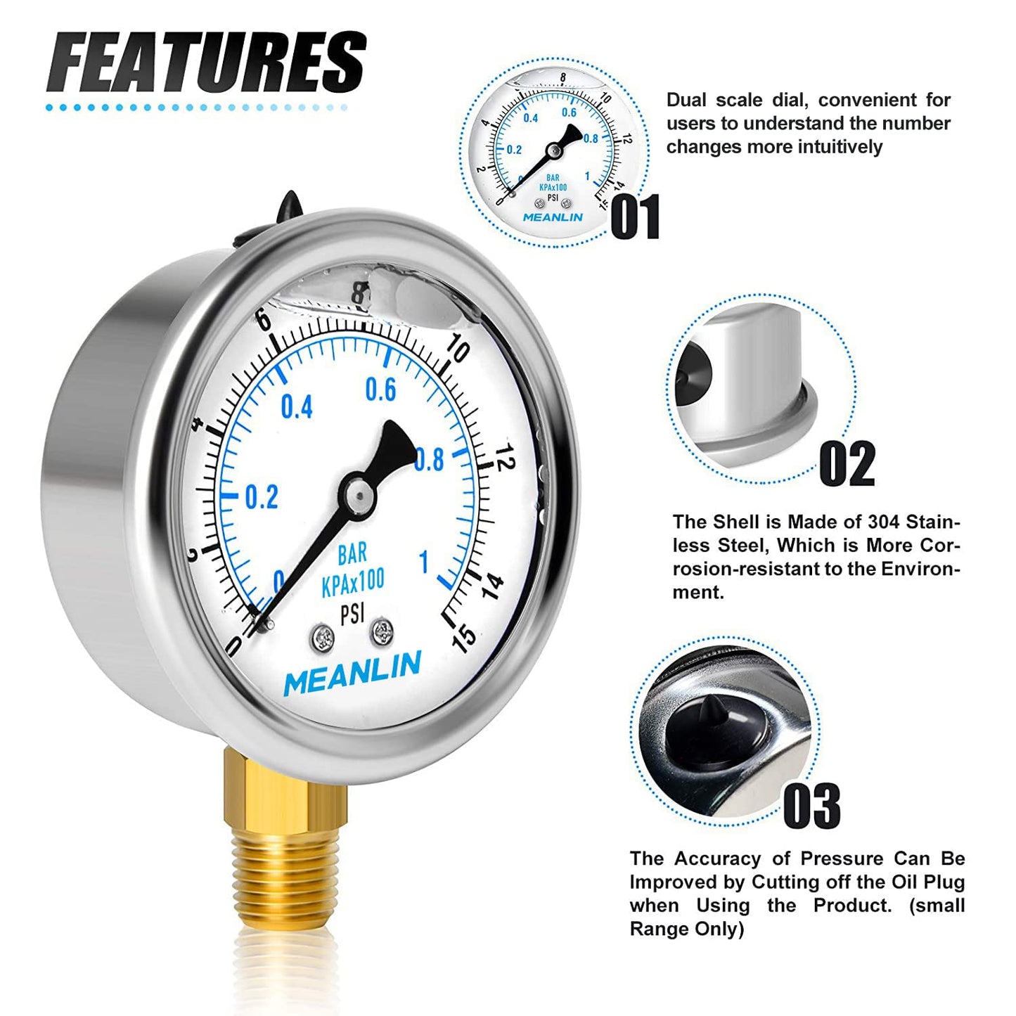 MEANLIN MEASURE 0~15Psi Stainless Steel 1/4" NPT 2.5" FACE DIAL Liquid Filled Pressure Gauge WOG Water Oil Air Lower Mount (Pack of 2), with 1/2" NPT and 3/8" NPT Hex Bushing