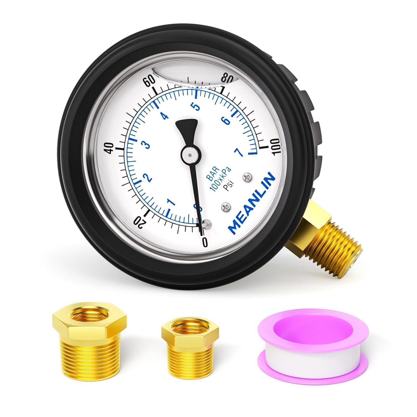 MEANLIN MEASURE 0~100Psi Stainless Steel 1/4" NPT 2.5" FACE DIAL Liquid Filled Pressure Gauge, Lower Mount (with Rubber Protective Sleeve), with 1/2" NPT and 3/8" NPT Hex Bushing