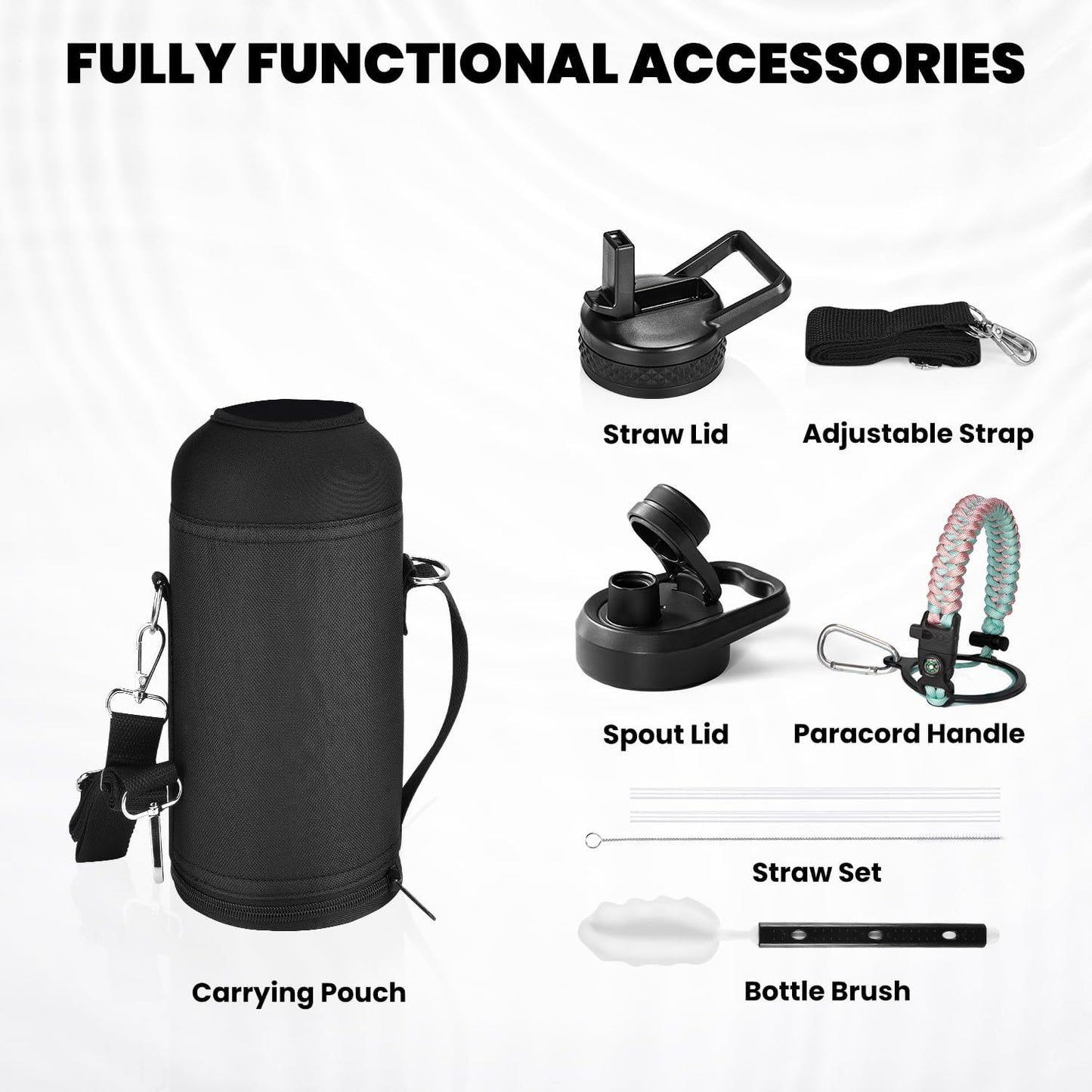 Insulated Water Bottle 32 oz, Triple Wall Vacuum Stainless Steel (Cold for 48 Hrs), Leak Proof & Non-BPA, Modern Water Flask Jug with Paracord Handle & Straw Spout Lids, Hydrangea