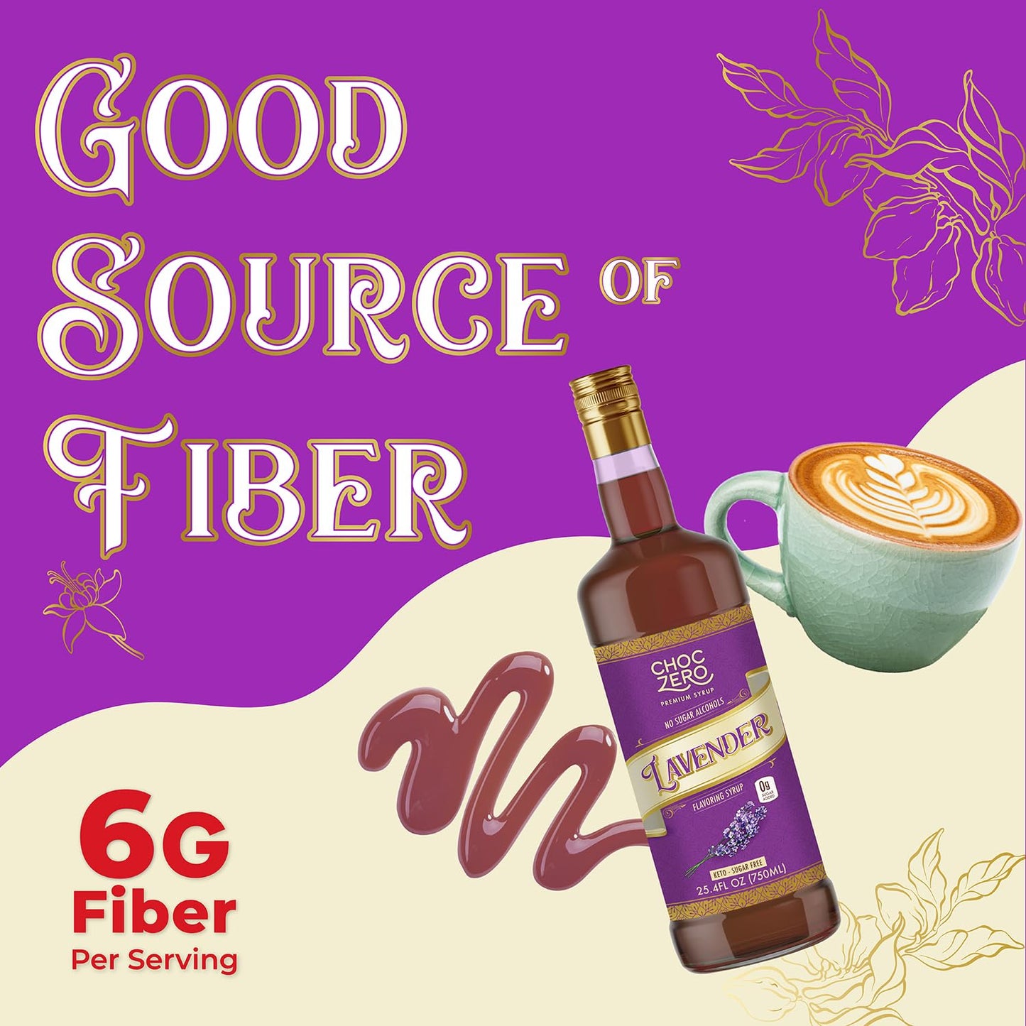 ChocZero Coffee Syrup, Lavender Flavor, Sugar Free Syrup for Drinks, Keto Friendly, 25.4 Fluid Ounces