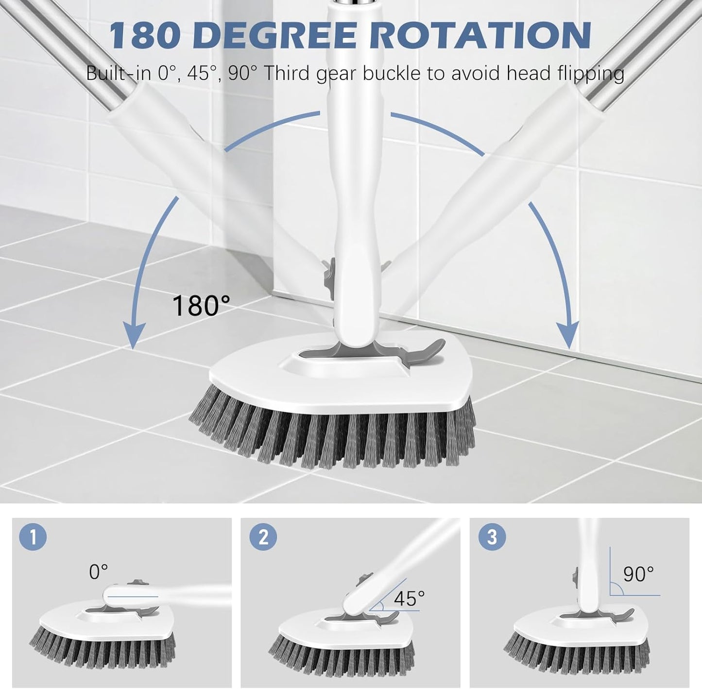 SetSail 4-in-1 Tile Tub Floor Scrubber with 52-inch Adjustable Long Handle Shower Cleaner Brush Comes with Window Scrubber and 3 Replacement Brush Heads for Cleaning Bathroom Kitchen Tub Tile, White