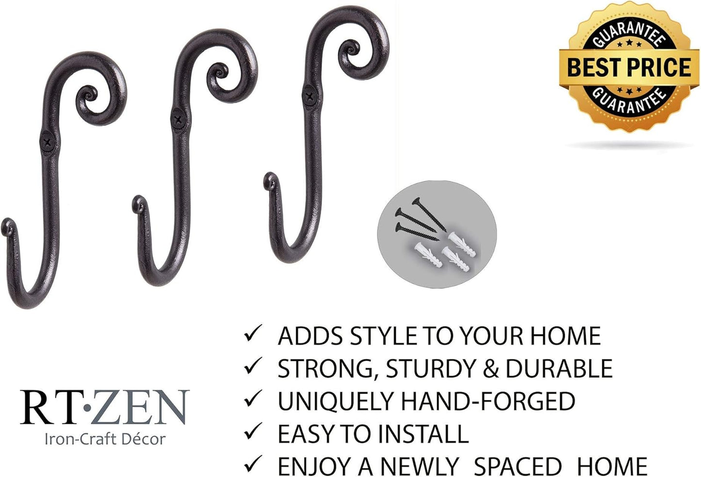RTZEN Wall Mount Hook Set - Wrought Iron Decorative Rustic Metal Coat Hooks for Hanging - Handcrafted Classic Farmhouse Wall Mounted Black Hooks for Towel Robe or Hat Hanging - 3 Pack