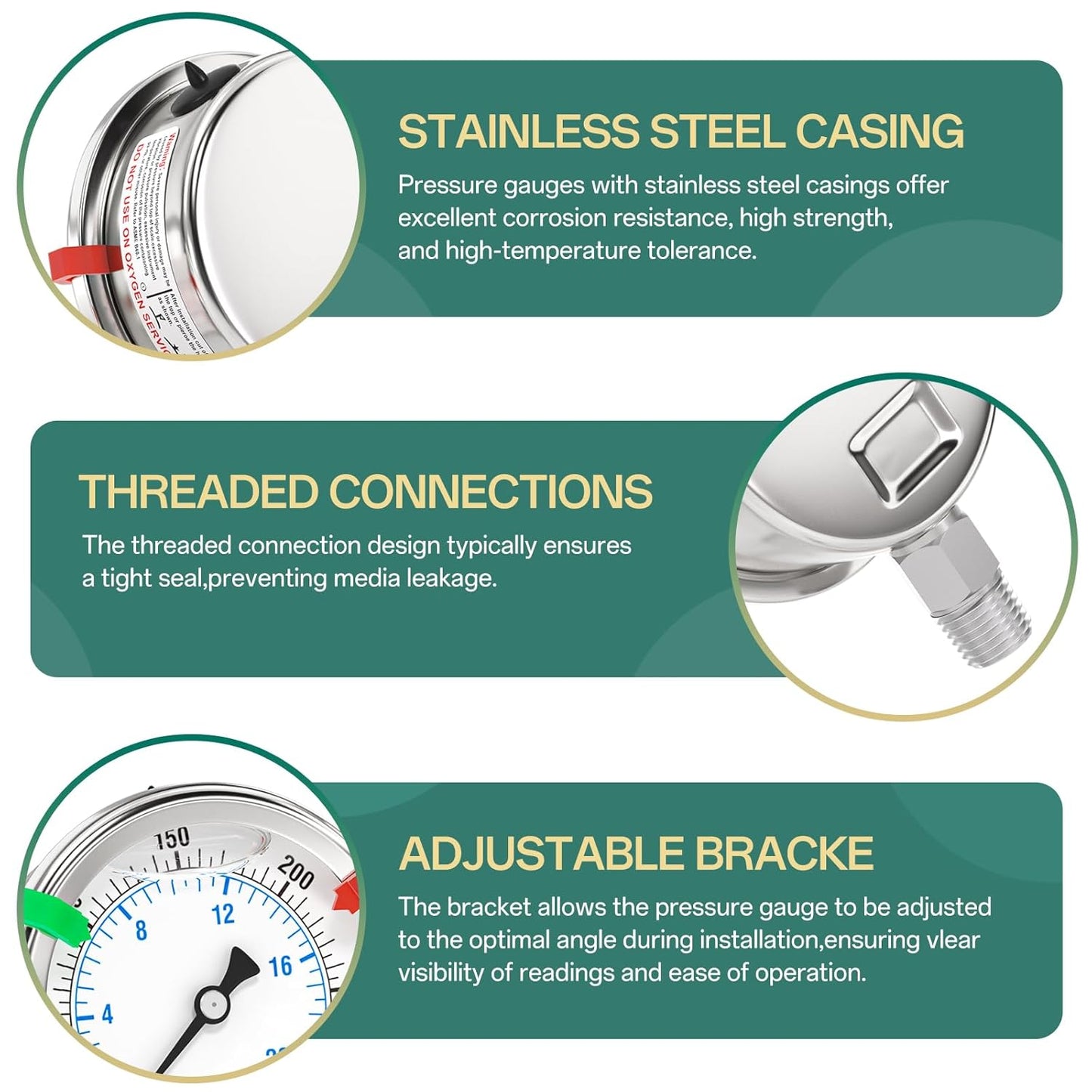 0-300PSI Stainless Steel Liquid Filled Pressure Gauge, 2.5" Dial Size, 1/4" NPT 316 Stainless Steel Joint, Lower Mount, for Tube, Water Pump, Gas, Liquid (with Range Mark Pointer)