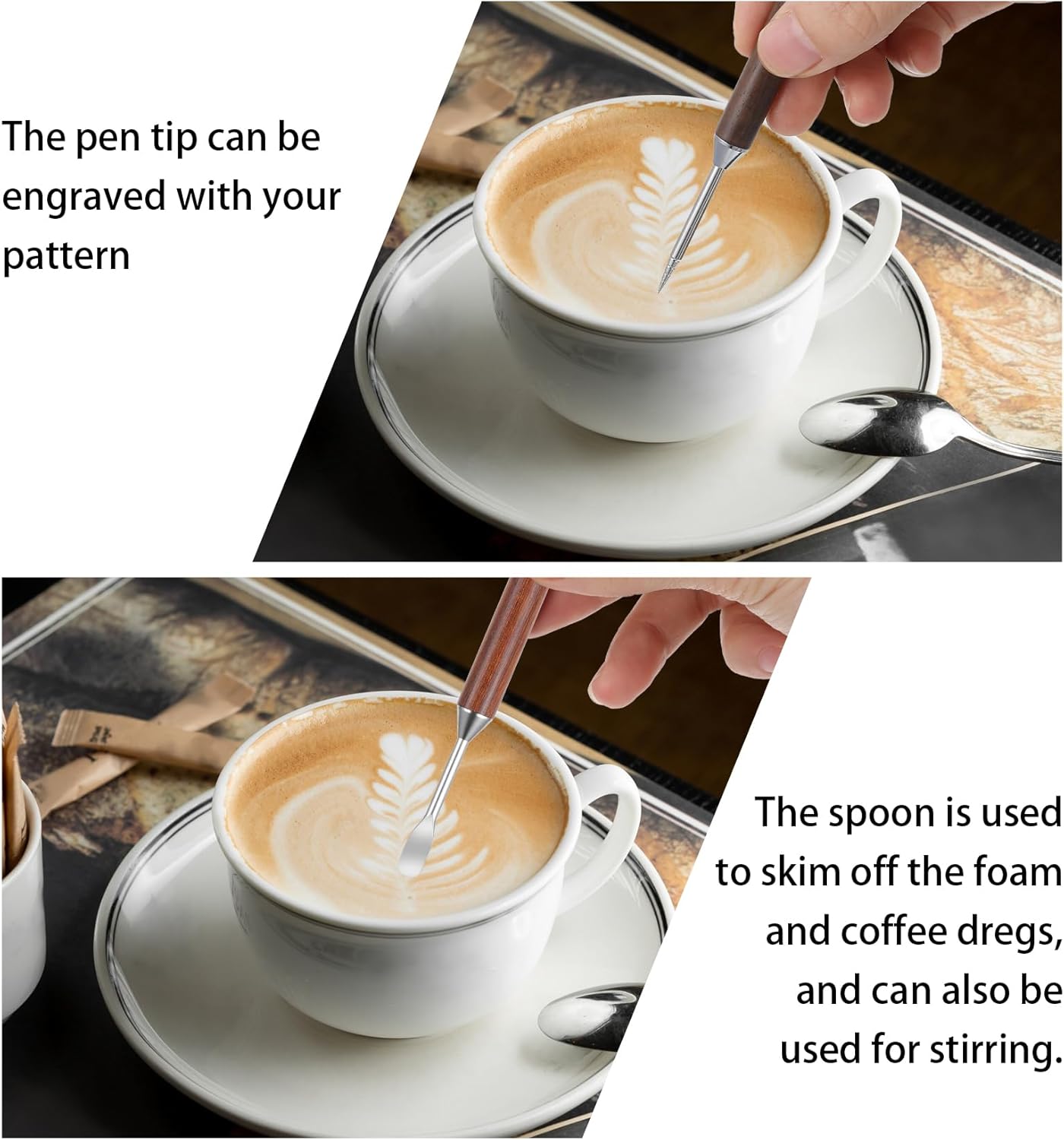 Latte Art Pens, 2-Pack Stainless Steel Latte Art Pen Barista Tools with Wooden Handle, Double-Ended Barista Accessories for Professional Coffee Drawing, Home & Cafe Use