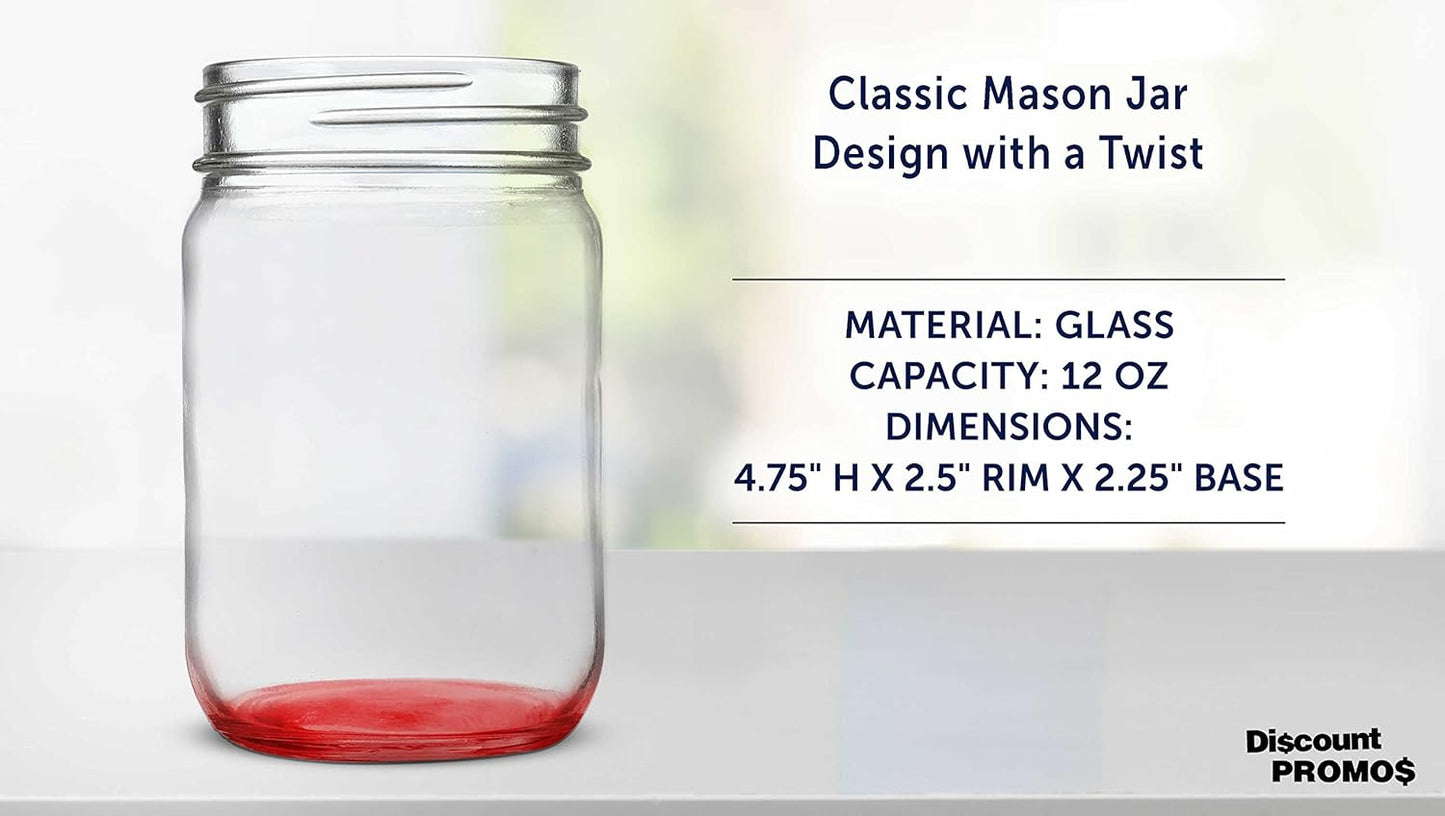 DISCOUNT PROMOS Decorating Mason Jars 12 oz. Set of 10, Bulk Pack - Glass Jars for Overnight Oats, Candies, Fruits, Pickles, Spices, Beverages - Red