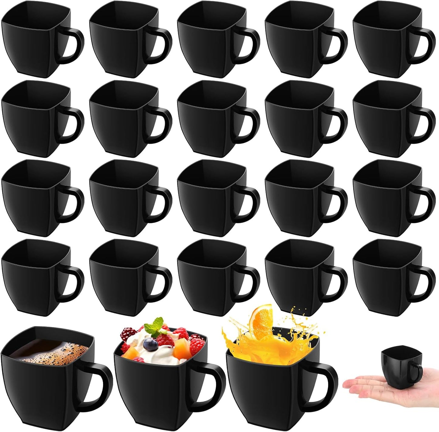 Amyhill 50 Pcs Disposable Tea Cups Mini Plastic Tea Cup Bulk with Handle Hard Plastic Coffee Mug Disposable Square Espresso Mug for Party Catering (Black)