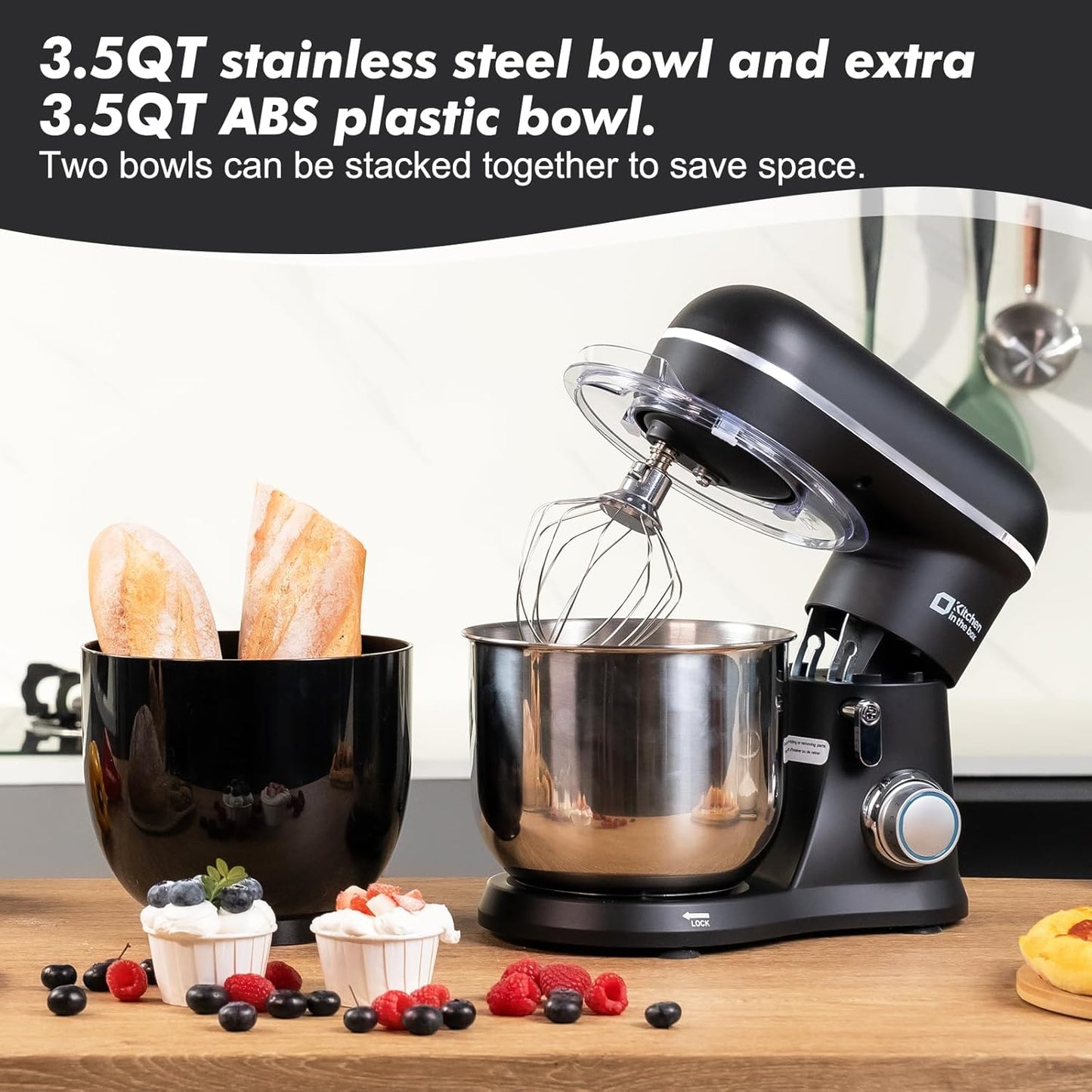 Kitchen in the Box Stand Mixer, 3.5QT Two Bowls Small Kitchen Electric Mixer, 10-Speed Portable Lightweight Matte Finish with Egg Whisk, Dough Hook, Beater (Onyx Black, 3.5QT)