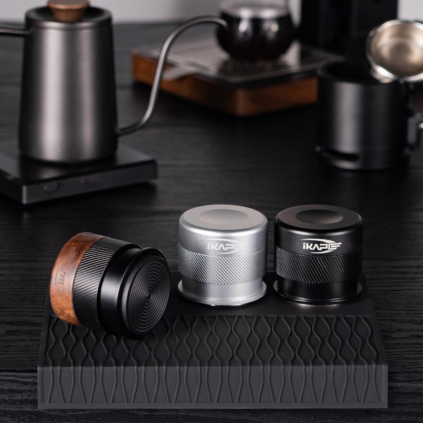 IKAPE 58MM Espresso Tamper, New Wooden Handle Design，Premium Barista Coffee Calibrated Tamper with Spring Loaded, 100% Stainless Steel Tamper Compatible with All 58MM Bottomless Portafilter