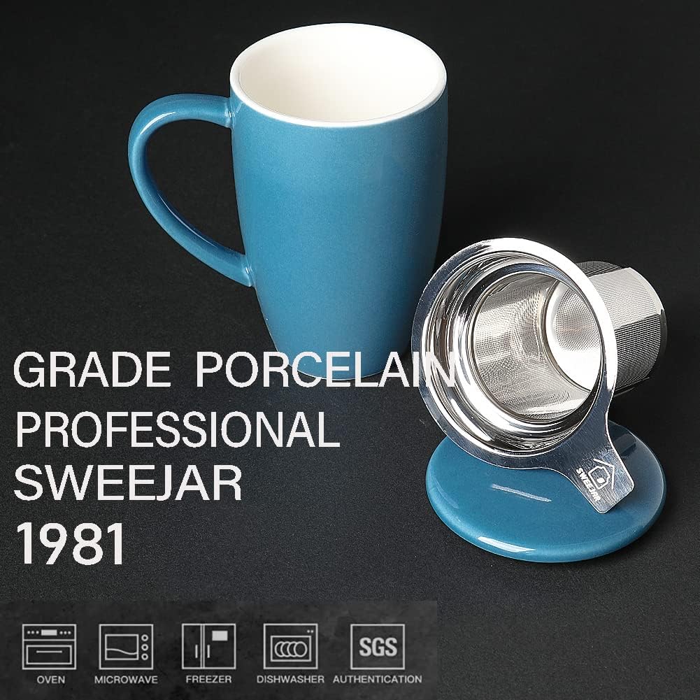 Sweejar Porcelain Tea Infuser Mug with Lid, 16 oz Teacup with Strainers for Loose Leaf Tea, Microwave and Dishwasher Safe Coffee Mug(Fog blue)