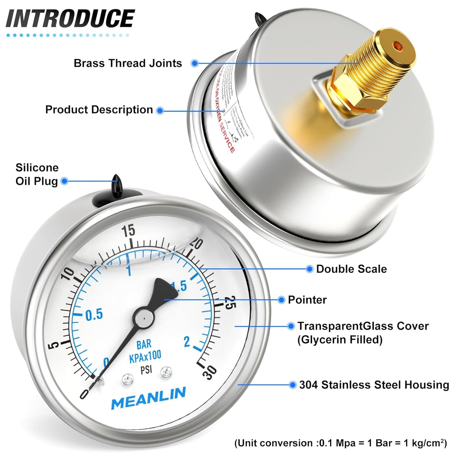 MEANLIN MEASURE 0~30Psi Stainless Steel 1/4" NPT 2.5" FACE DIAL Liquid Filled Pressure Gauge WOG Water Oil Air Center Back Mount, with 1/2" NPT and 3/8" NPT Hex Bushing