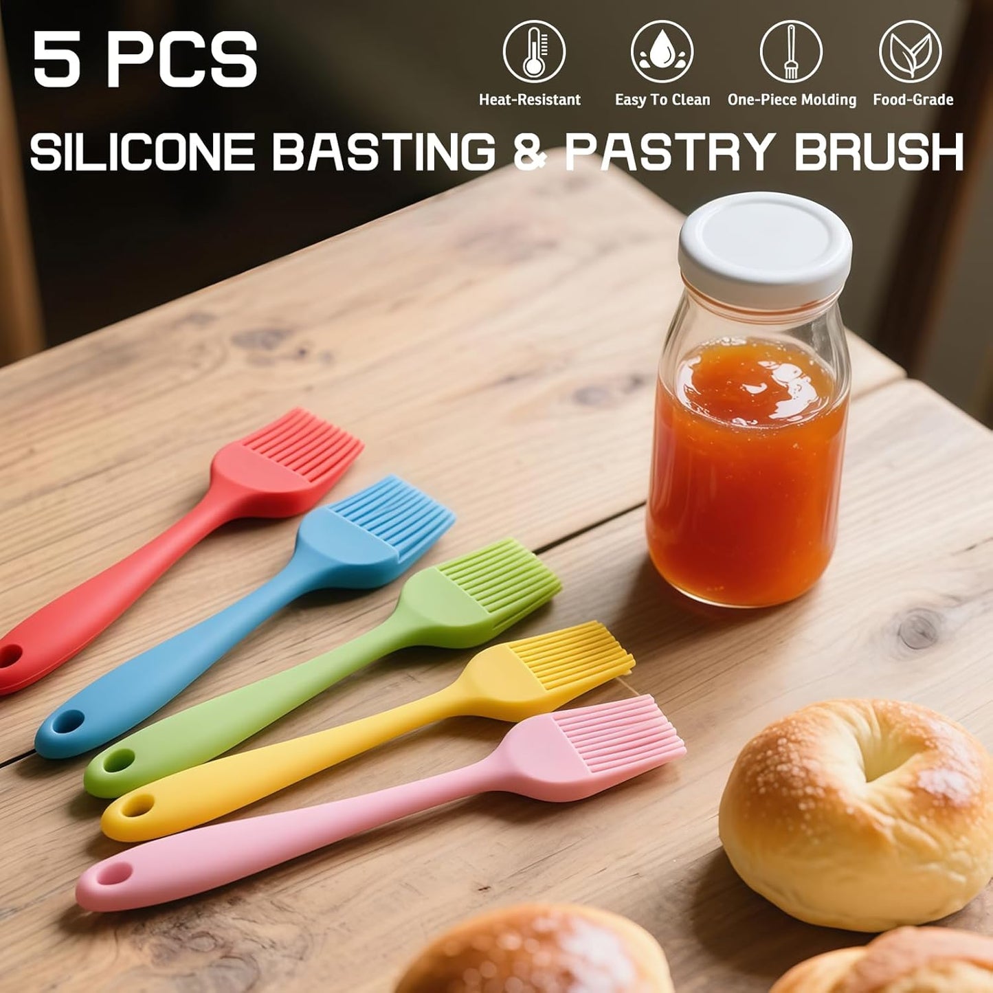Silicone Basting Pastry Brush, Heat Resistant Silicone Brush Set for Cooking, One-Piece Design Oil Brush, Prefect of Baking, BBQ, Spreading Oil, Butter, Grilling and Marinade, Dishwasher Safe