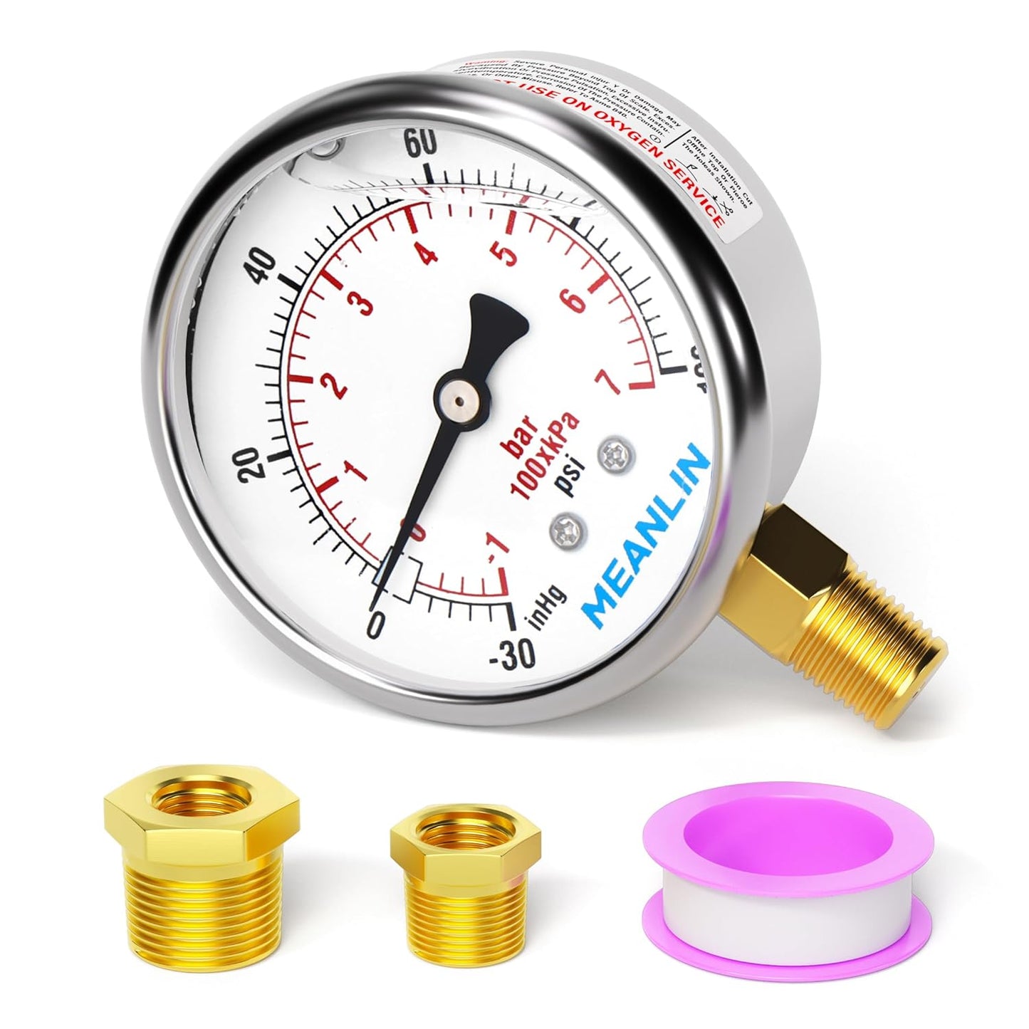 MEANLIN MEASURE -30inHG~100Psi Stainless Steel 1/4" NPT 2.5" FACE DIAL Vacuum Pressure Gauge, Lower Mount, with 1/4" x 1/2" NPT and 1/4" x 3/8" NPT Hex Bushing