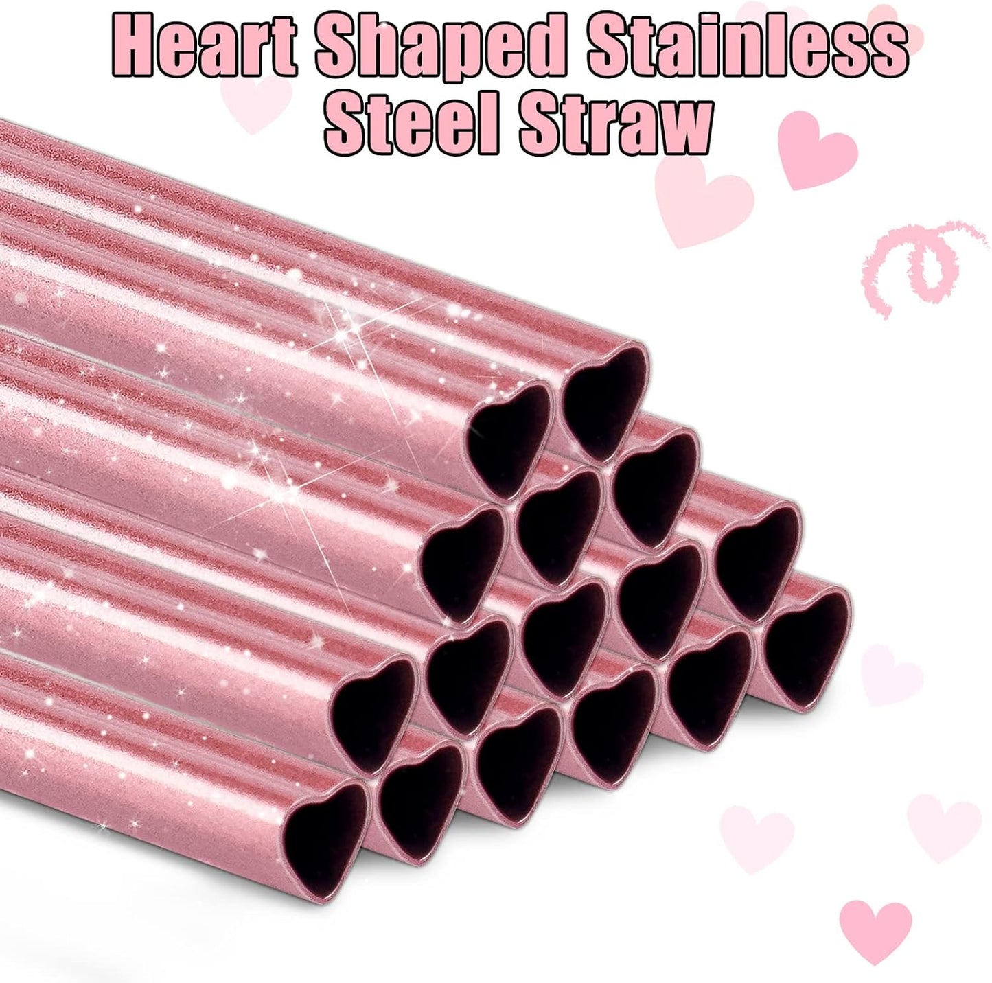 NiHome Reusable Straws 16 Pack, Stainless Steel Drinking Straws, Heart Shaped Metal Straw Bulks with 2 Cleaning Brushes for Smoothies Tumblers Cocktail MilkShake, Pearl Pink