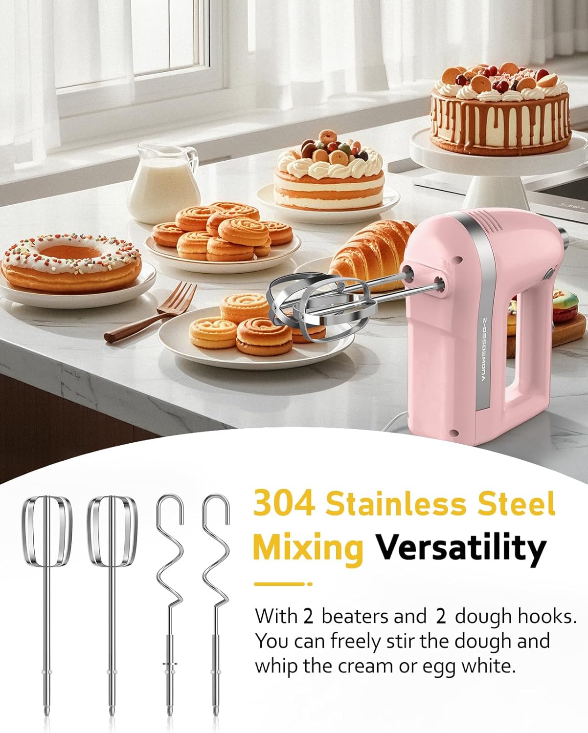 Electric Hand Mixer, Powerful 300W Hand Mixer Electric Handheld with 304 Beaters, Dough Hook,Hand Held Mixer with Turbo for Baking Cakes, Eggs, Cream Food(Pink)