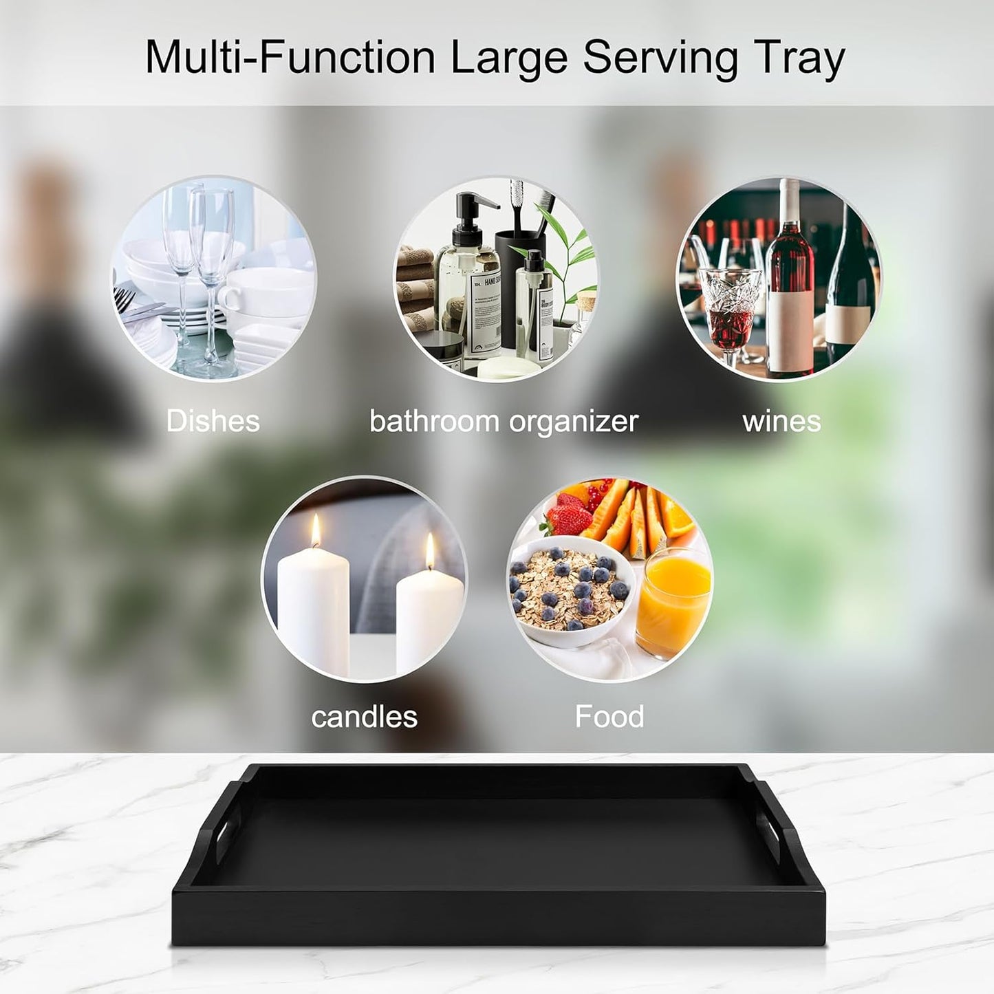 Bamboo Food Serving Tray with Handles, Breakfast Bed Tray for Tea,Snack,Dinner, Home Decorative Storage Food, Platter, Ottoman for Kitchen Counter, Bathroom, Restaurant (Black)