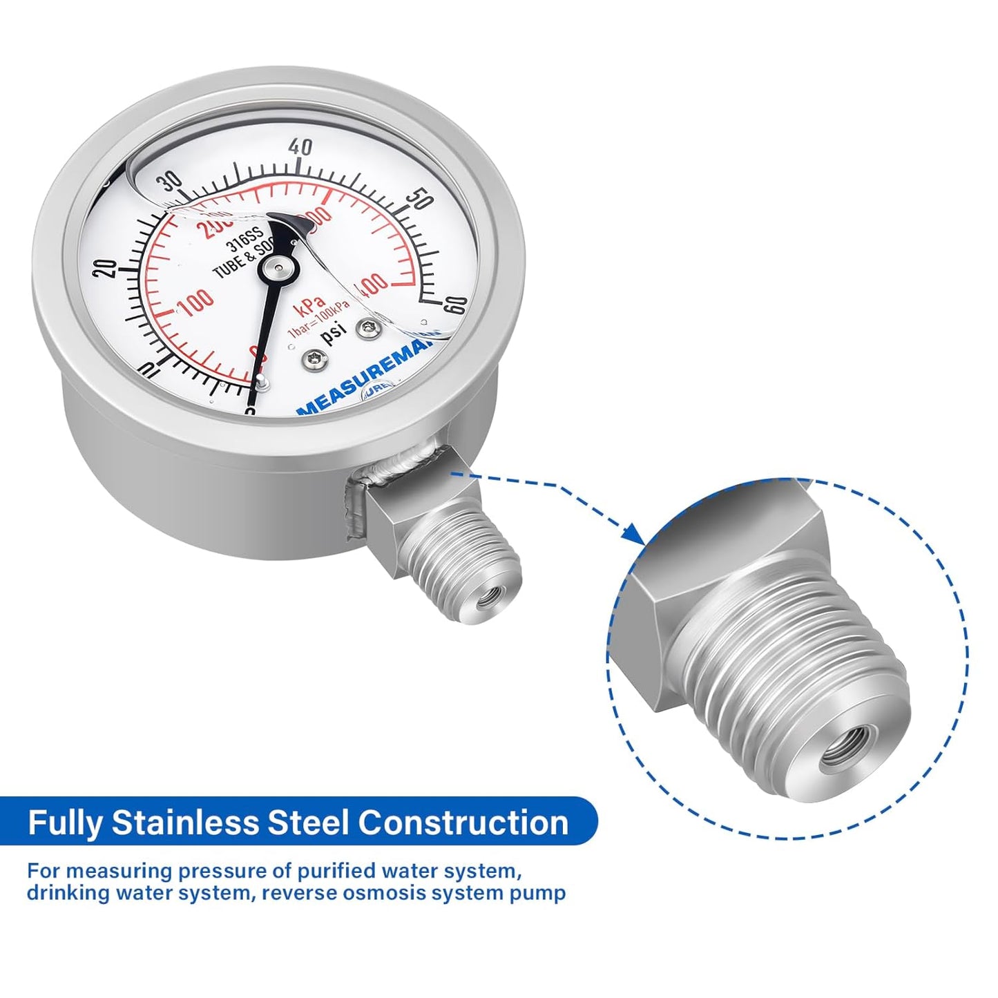 MEASUREMAN Fully Stainless Steel Hydraulic Glycerin Filled Pressure Gauge, 2-1/2" Dial Size, 1/4" NPT Lower Mount, 0-60psi/kpa