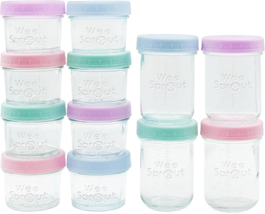 WeeSprout Baby Food Storage Glass Jars w/Lids (4/8 oz, 12 Pack) Pastel Variety, Snack, Reusable Small Containers, Fridge or Freezer, Microwave & Dishwasher Safe, Essentials for Infants