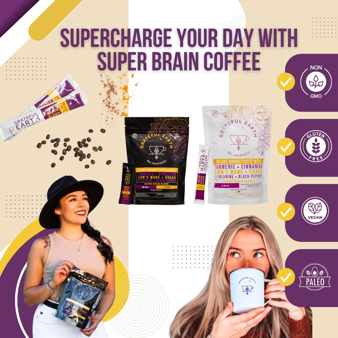 Grateful Earth Mushroom Coffee, Instant Espresso with Lion’s Mane Mushrooms, Chaga, L-Theanine, Super Brain Nootropic Blend, Focus, Energy, Immune Support & Gut Health, Dairy & Gluten Free, 20 Packets