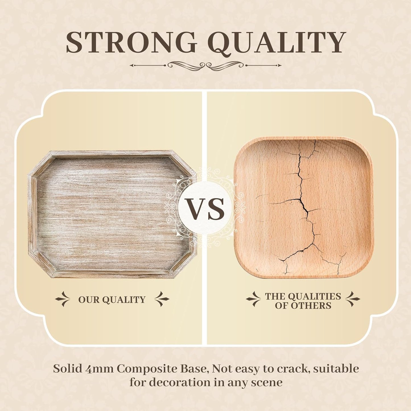 Wooden Decorative Tray, Rustic Serving Tray with Wood Bead, Farmhouse Big Tray for Ottoman, Countertop, Coffee Tabl, 16.5" x 13"x 1.6" (White Washed)