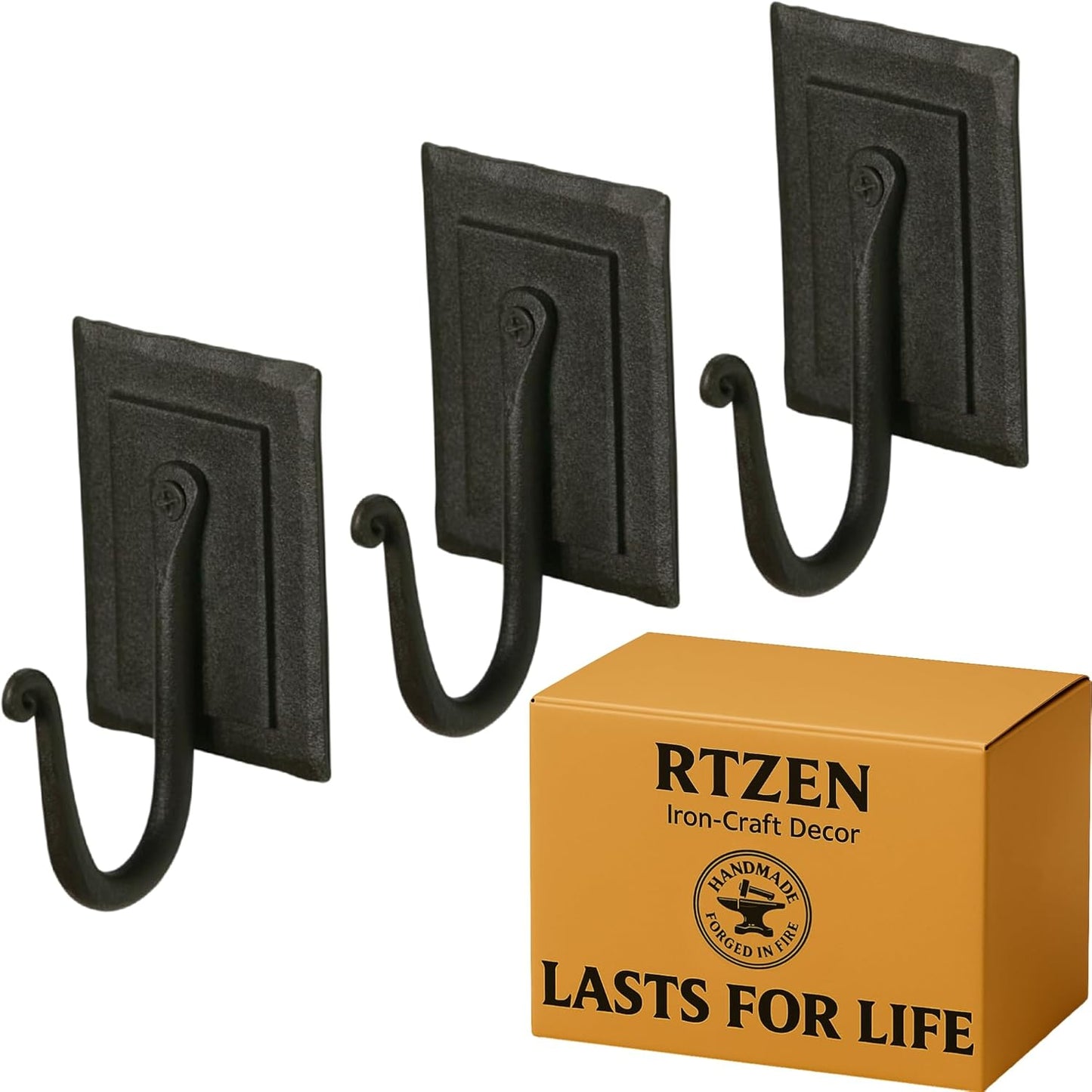 RTZEN Wall Mount Hook Set - Wrought Iron Decorative Rustic Metal Coat Hooks for Hanging - Handcrafted Classic Farmhouse Wall Mounted Black Hooks for Towel Robe or Hat Hanging - 3 Pack