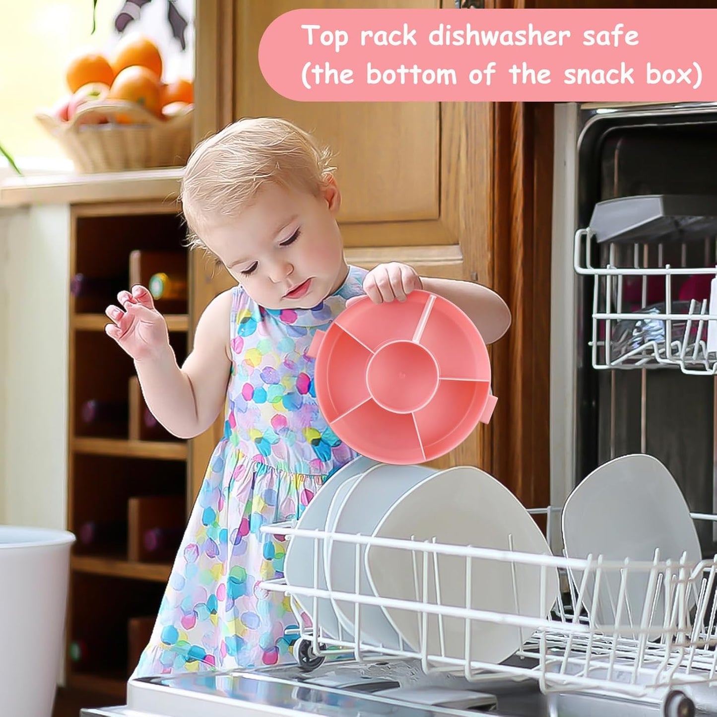 Kids Reusable Rotating Snack Container with 5 Separate Compartments, Color Matching Opening Lid, BPA/PVC-Free, Dishwasher Safe, Perfect for Travel, School Lunches & On-the-Go Snacking-Pink