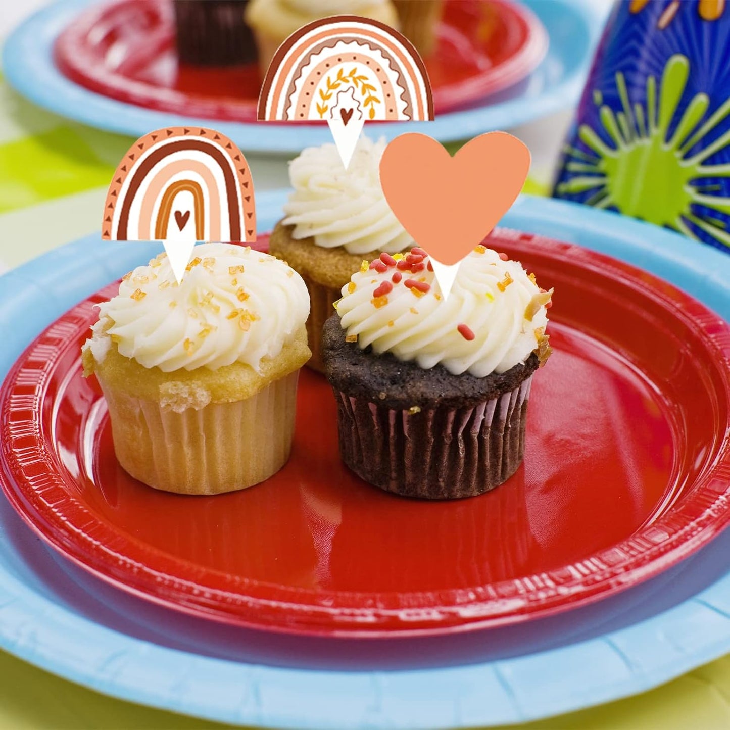 48 Pcs Boho Rainbow Party Cupcake Toppers for Boho Rainbow Birthday Party Decorations