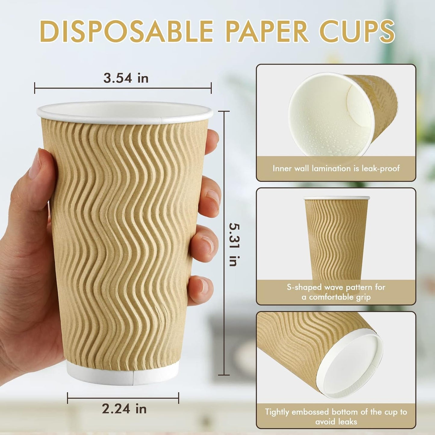 16 OZ Coffee Cups, 90 Count Insulated Ripple Wall Paper Hot Coffee Cups for Hot Beverage