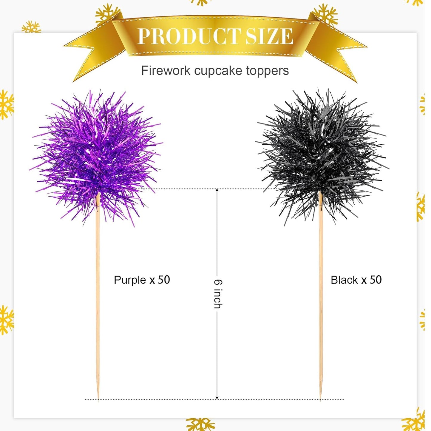 Chinco 100 Pcs Foil Firework Cupcake Toppers Sparkle Tinsel Cake Toppers Cake Decoration Cocktail Fruit Toothpick for Birthday Wedding Graduation Party(Purple, Black)
