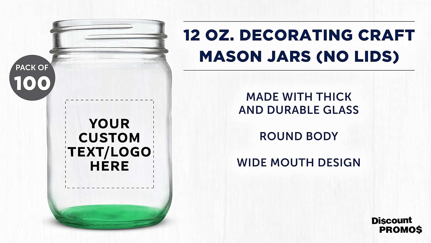 DISCOUNT PROMOS Custom Decorating Mason Jars 12 oz. Set of 100, Personalized Bulk Pack - Glass Jars for Overnight Oats, Candies, Fruits, Pickles, Spices, Beverages - Green