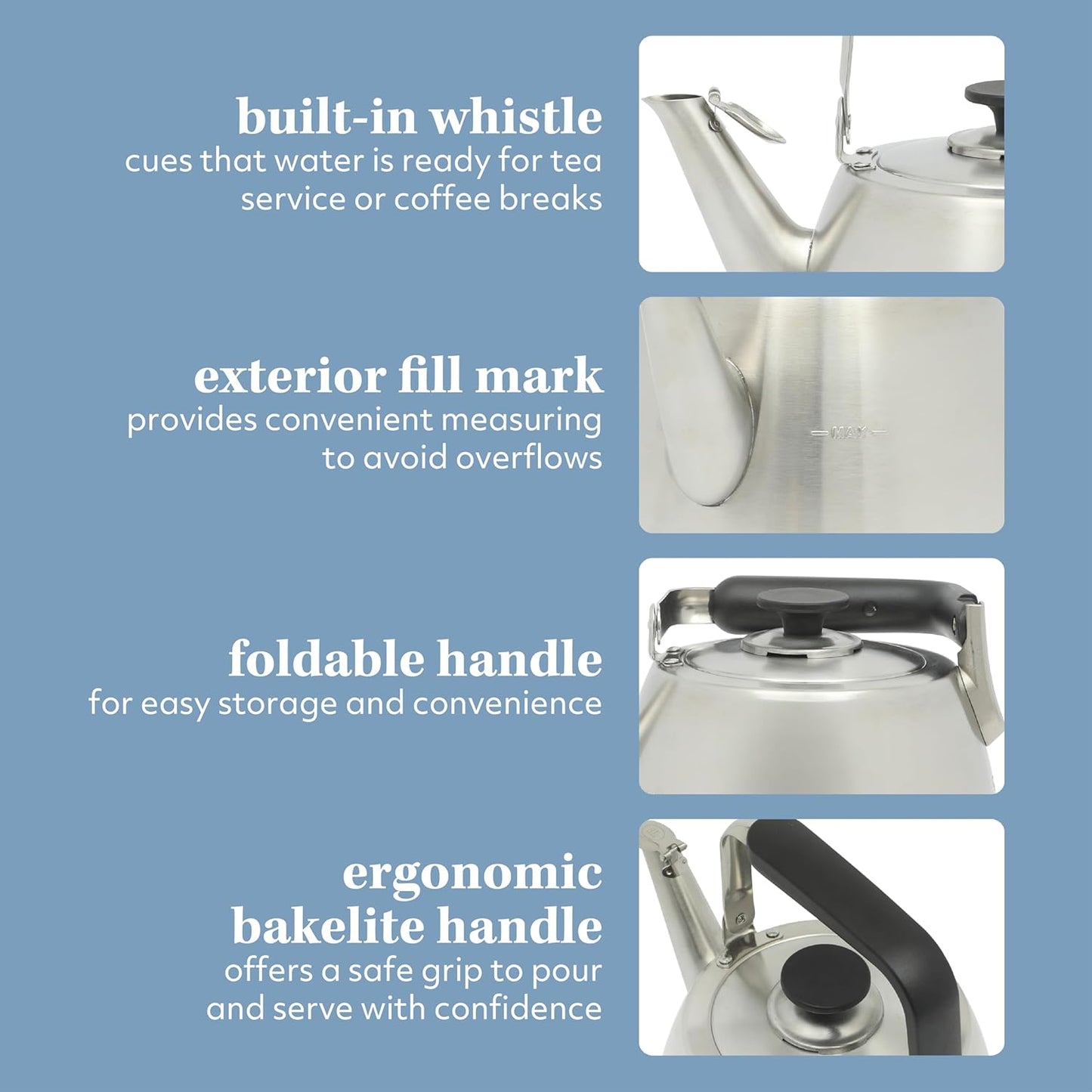 Sur La Table Kitchen Essentials Large 2 QT Heavy Gauge Brushed Stainless Steel Whistling Tea Kettle