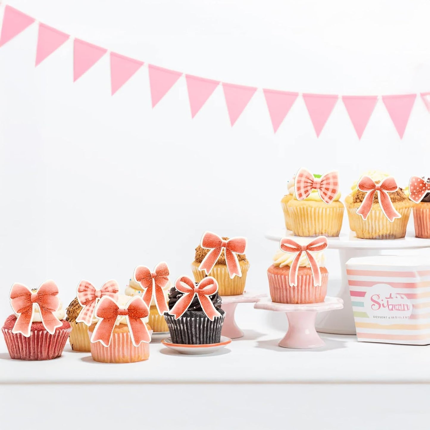 Gyufise 50Pcs Edible Red Bowknot Cupcake Toppers Wafer Paper Bowknot Cake Dessert Picks Baby Shower Princess Cupcake Toppers for Birthday Party Decoration Supplies