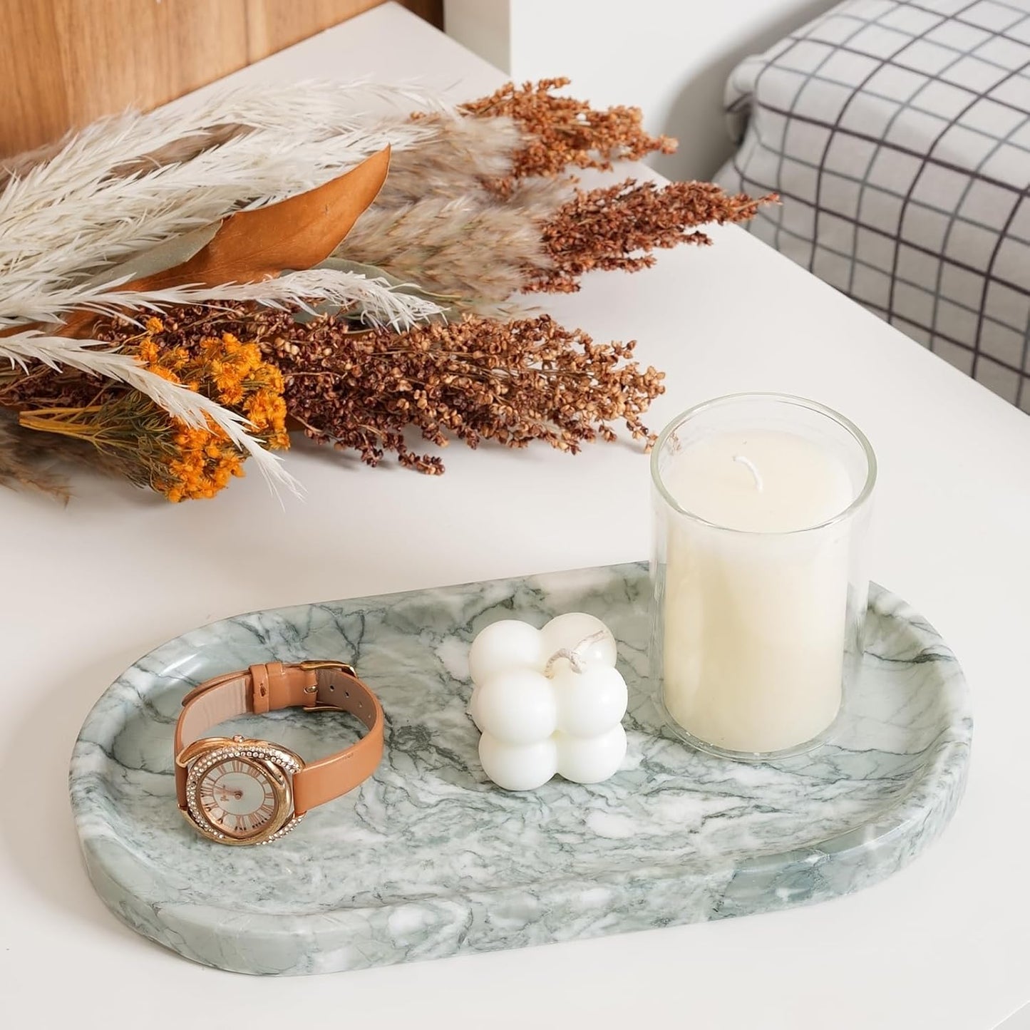 Koville Marble Bathroom Tray for Countertop, Vanity Tray Stone Trays for Decor, Natural Marble Decorative Tray for Dresser Organizer, Storage Trays for Perfume, Jewelry, Cosmetics(Retro Light Green)