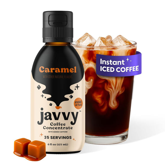 Javvy Coffee Concentrate - Cold Brew Coffee, Perfect for Hot or Iced Instant Coffees, Hot Drinks, Cold Brew Concentrate, 35 Servings - Caramel