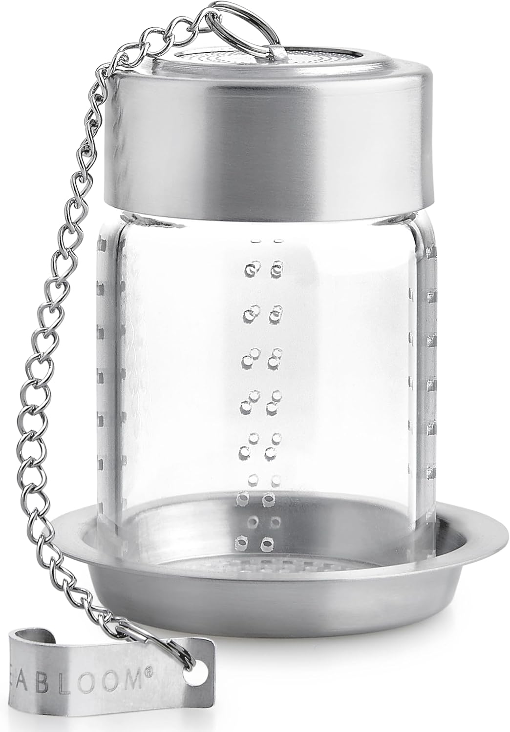 Teabloom Puresteep Glass Tea Infuser with Lid & Drip Tray – Borosilicate Glass Loose Leaf Steeper with Stainless Steel Chain – Non-Toxic – Small or Large Size