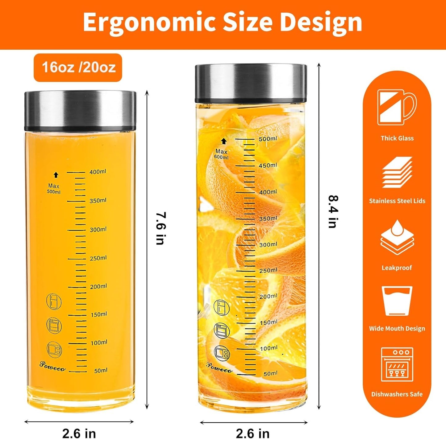 Glass Juice Bottles 6 Pack 20 oz - Wide Mouth Glass Water Bottles with Lids - for Juicing, Protein, Smoothie, Milk, Reusable, BPA Free, Stainless Steel Lids, Blender, Shaker Bottle (20oz/600ml)