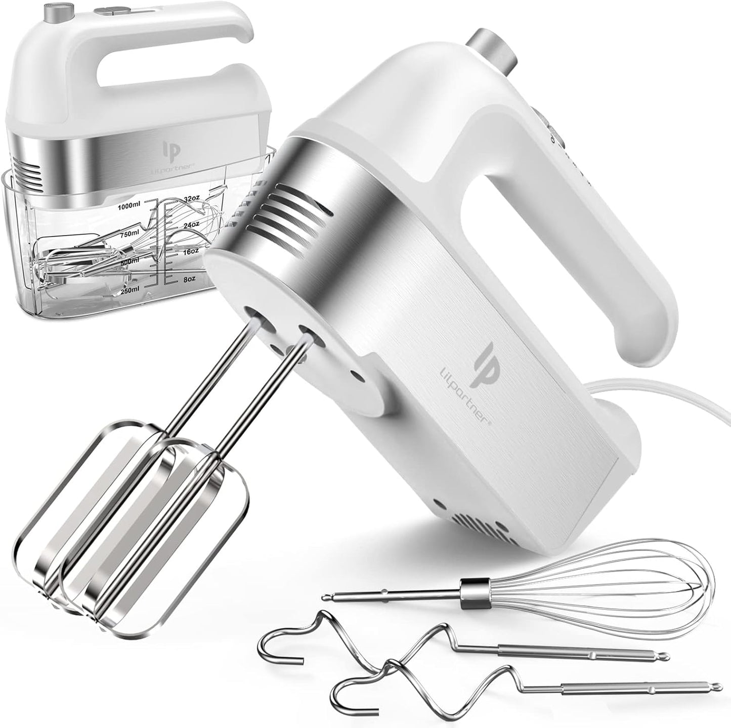 Hand Mixer Electric, 450W Kitchen Mixers with Scale Cup Storage Case, Turbo Boost/Self-Control Speed + 5 Speed + Eject Button + 5 Stainless Steel Accessories, For Easy Whipping Dough,Cream,Cake