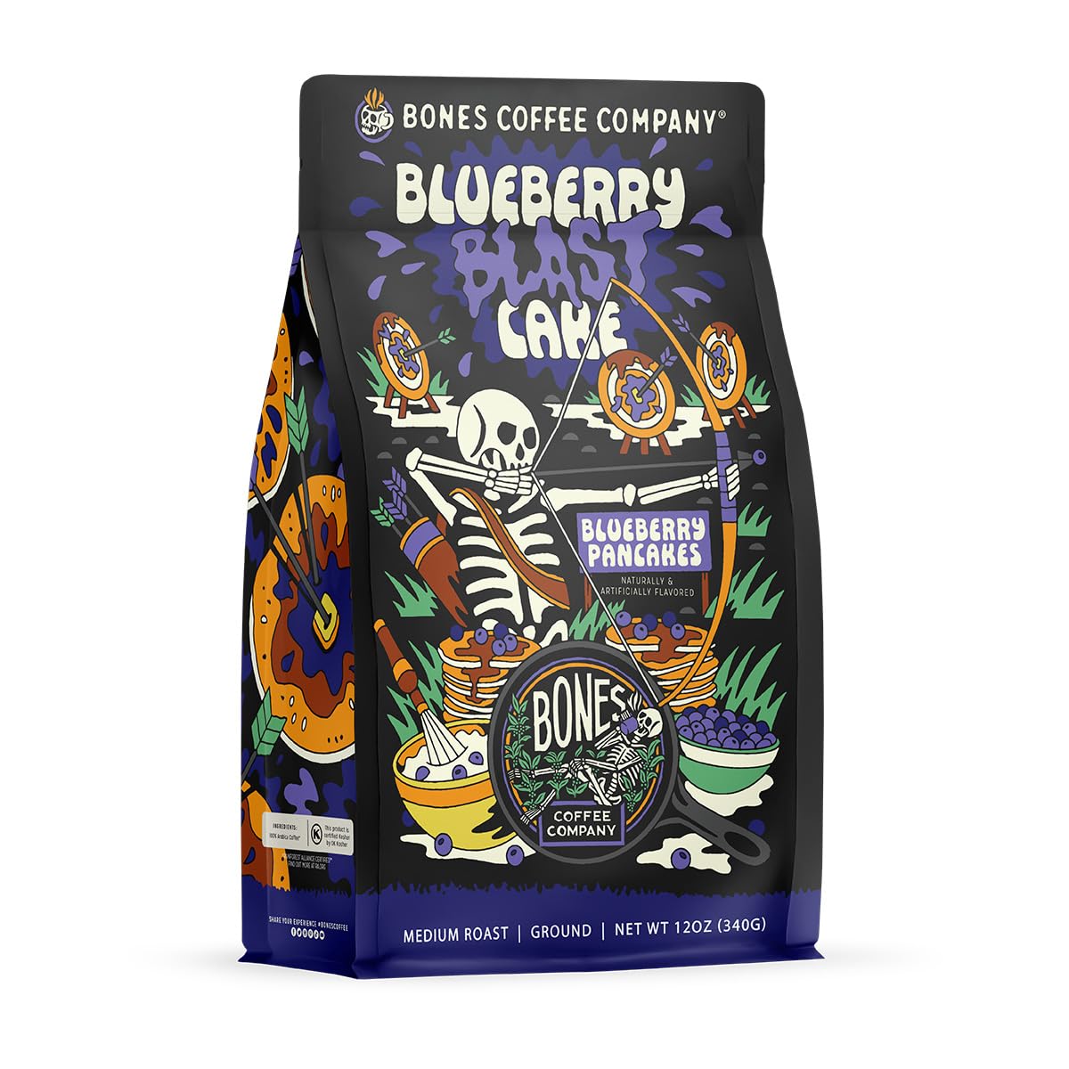 Bones Coffee Company Blueberry Blast Cake, Blueberry Pancakes Flavored Coffee, Medium Roast Low Acid Arabica Beans Compatible with Auto drip and French Press Coffee Maker, 12 Oz Ground