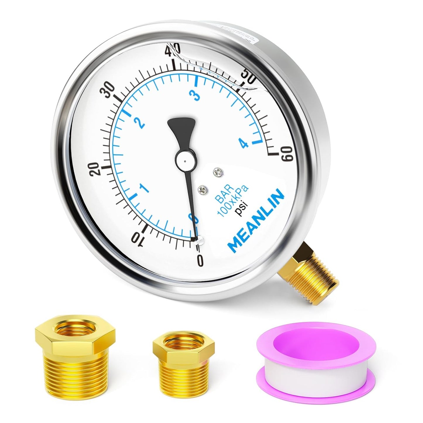 MEANLIN MEASURE 0~60Psi Stainless Steel 1/4" NPT 4" FACE DIAL Liquid Filled Pressure Gauge, Pool Sand Filter Water Pump Pressure Test Lower Mount, with 1/2" NPT and 3/8" NPT Hex Bushing