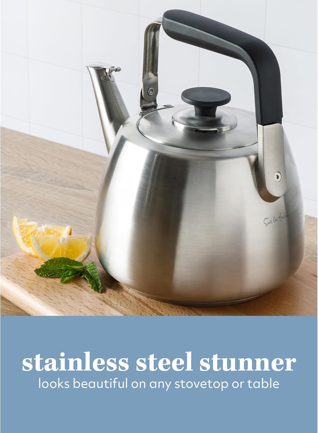 Sur La Table Kitchen Essentials Large 2 QT Heavy Gauge Brushed Stainless Steel Whistling Tea Kettle