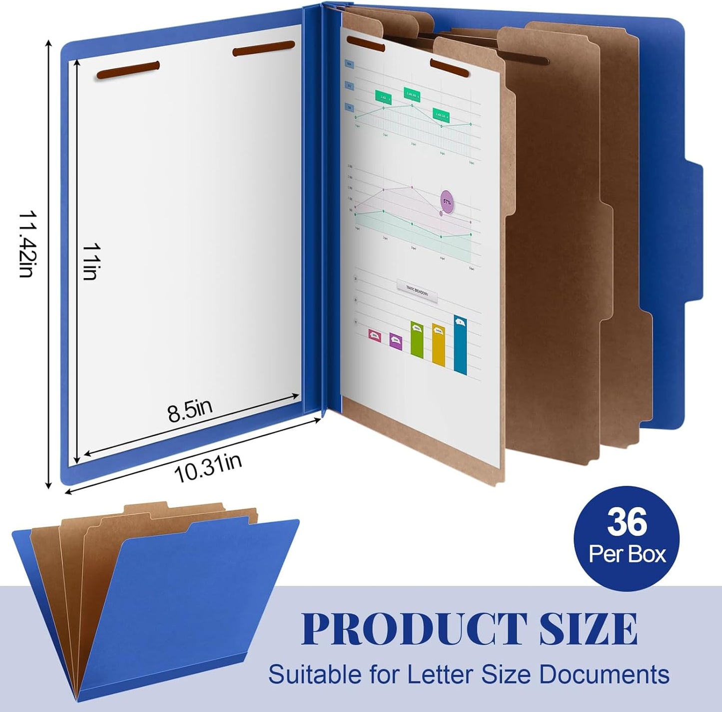 36 Pcs Classification Folders Letter Size, Back to School Supply for Teacher, Student, 3 Dividers Pressboard File Folder Bulk with 2 Fasteners, 3.5 Inch Expanding File Organizer (Dark Blue)