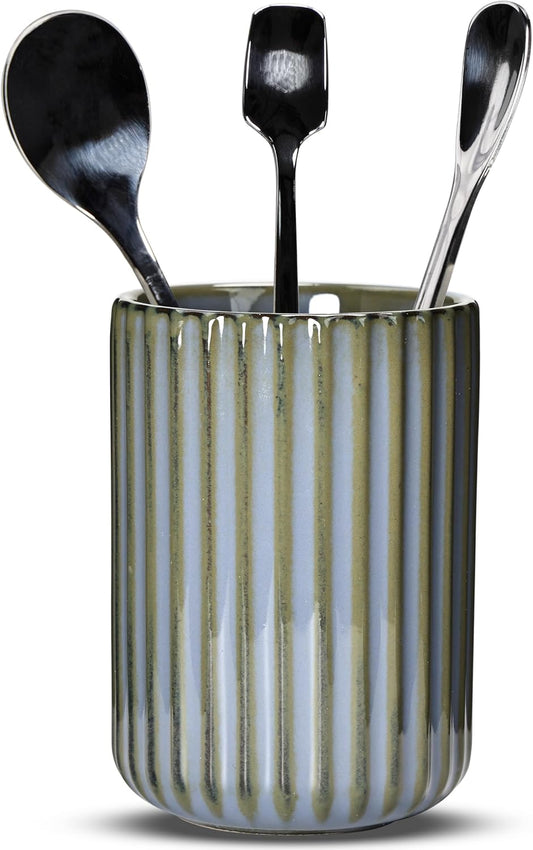 Ceramic Spoon Holder for Coffee Bar, Upright Tea Spoon Holder Cup, Coffee Stirrers Straws Stir Stick Holder, Light Green Fluted Surface