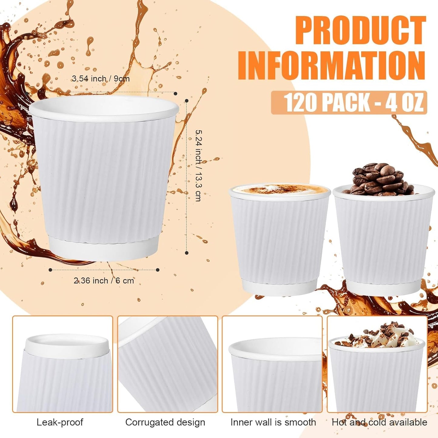 240Pack Paper Espresso Coffee Cups, 4 oz Disposable Coffee Cups,Corrugated Insulated Ripple Wall, Paper Ripple Cups for Coffee, Hot Chocolate and Hot Tea Drinks -White