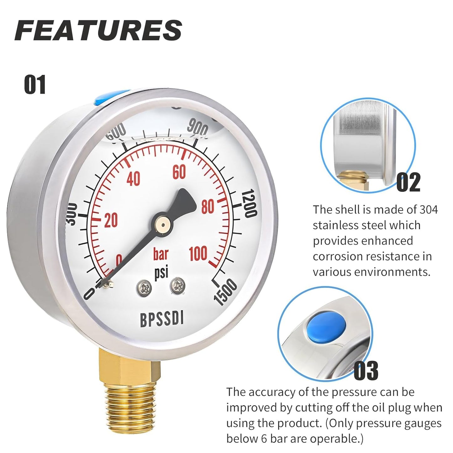 0-1500 Psi Glycerin Liquid Filled Hydraulic Pressure Gauge, 2.5" Dial Size, 1/4" NPT Lower Mount, 304 Stainless Steel Case, for Water Oil Air Gas Pressure Test