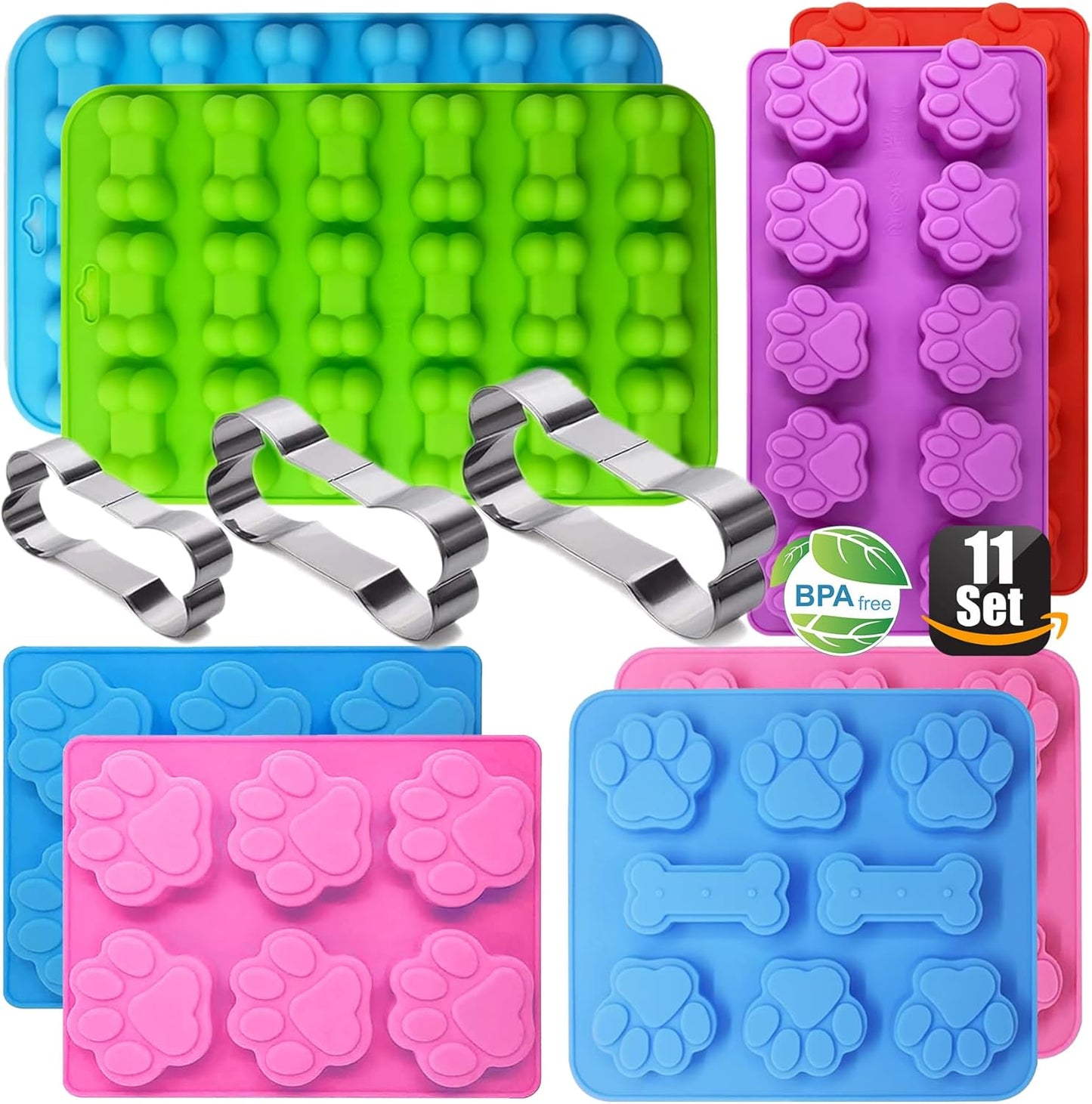 Dog Treat Molds, Dog Paw and Bone Shaped Silicone Molds，3 Packs Stainless Steel Cookie Cutter，for Chocolate, Candy, Jelly, Ice Cube, Dog Treats - Set of 11